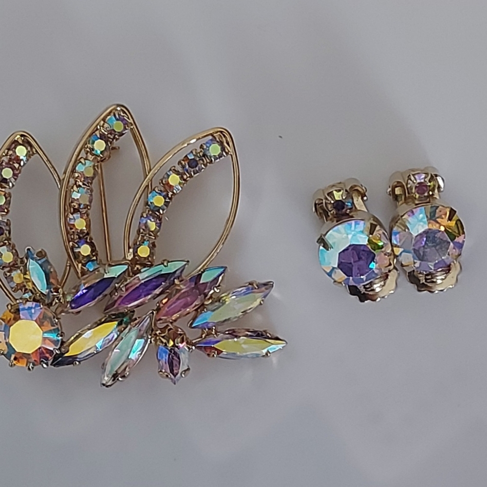 Aurora Borealis Brooch and Clip Earrings, Sparkling Rhinestone Brooch